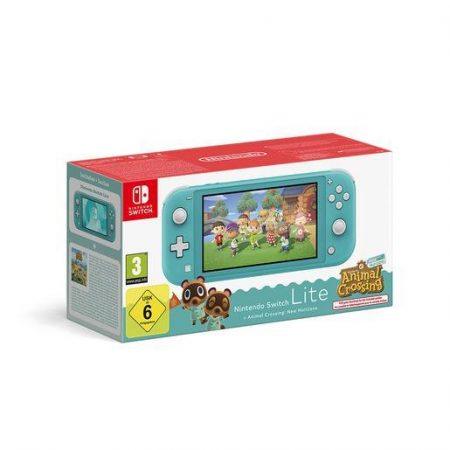 Console Nintendo Switch Lite color turchese con gioco Animal Crossing in evidenza sulla schermata.