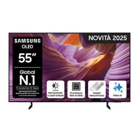 Samsung OLED AI TV 55'' QE55S85FAUXZT 4K, Processore NQ4 AI Gen2, 4K AI Upscaling, Schermo antiriflesso, OLED HDR, Dolby Atmos & OTS Lite, Contour Design