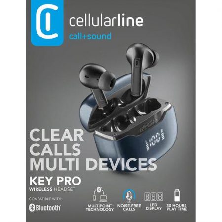 BTKEYPROTWSK_BOXPACK_140X110X29MM Cellularline Key Pro Auricolari Bluetooth con custodia di ricarica, display LED e funzione ENC
