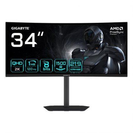 GIGABYTE GS34WQCA Monitor Gaming Curvo 34” WQHD – 3440 x 1440, 1500R, 120Hz, 1ms, 300 cd/m², FreeSync Premium, HDR Ready, HDMI 2.0, DisplayPort 1.4