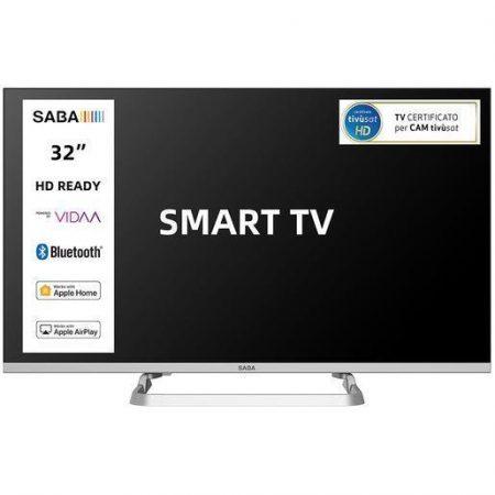 SABA SA32SM10VDA SMART TV 32'' HD READY, Sistema operativo VIDAA, Triplo tuner DVBT2/C/S2 HEVC MAIN10, Certificato TivuSAT, Piedistallo centrale, Dolby A