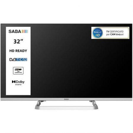 SABA SA32M10 TV 32'' HD READY, Triplo tuner DVBT2/C/S2 HEVC MAIN10, Certificato TivuSAT, Piedistallo centrale, Dolby Audio