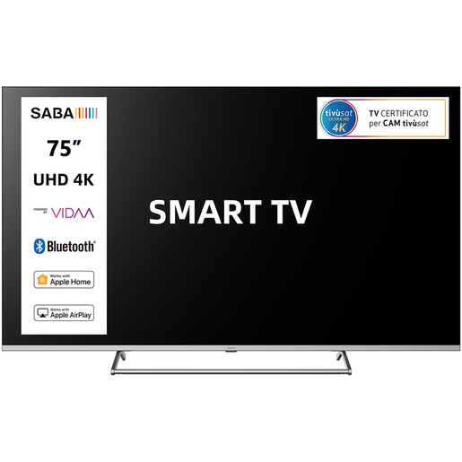 SABA SA75KN9VDA SMART TV 75'' ULTRA HD 4K, Sistema operativo VIDAA, Triplo tuner DVBT2/C/S2 HEVC MAIN10, Certificato TivuSAT, Piedistallo centrale, Dolby