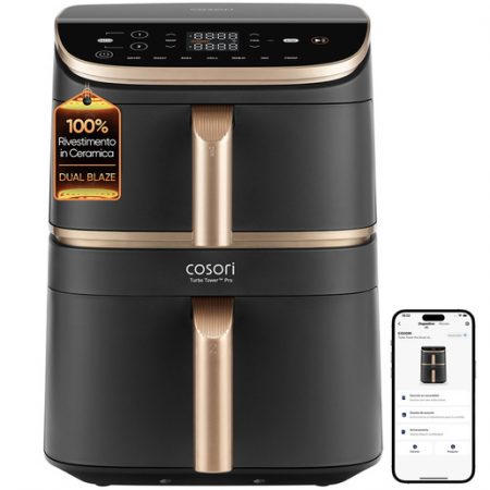 Cosori FRIGGITRICE AD ARIA Turbo Tower Pro Smart, 2630W, 10,8 Litri con Rivestimento Ceramico, Doppia Resistenza, Cottura a 3 Livelli, 7 Funzioni, 2 Moto