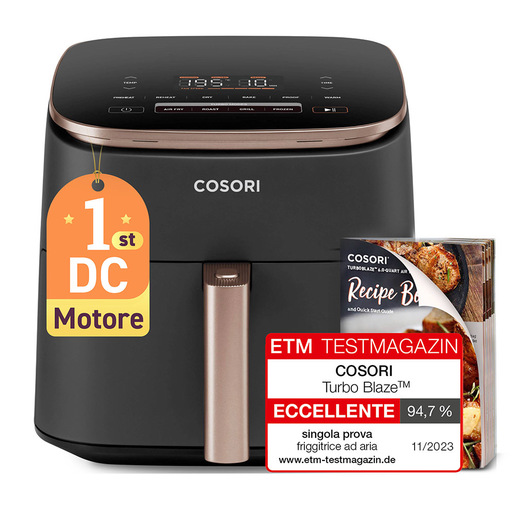 Cosori FRIGGITRICE AD ARIA Turbo Blaze Chef Edition, 1725 W, 6 Litri, Motore Tecnologia DC, 9 Funzioni, fino a 230 °C, Ricettario, 5 Velocità della Vento