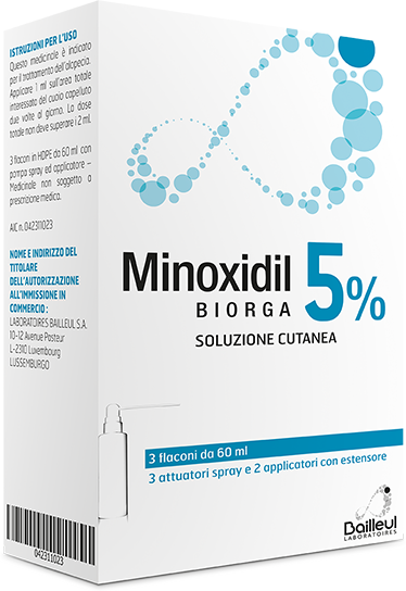 LABORATOIRES BAILLEUL S.A. MINOXIDIL BIORGA (LABORATOIRES BAILLEUL)*soluz cutanea 3 flaconi 60 ml 5% 1 LABORATOIRES BAILLEUL S.A. MINOXIDIL BIORGA (LABORATOIRES BAILLEUL)*soluz cutanea 3 flaconi 60 ml 5%
