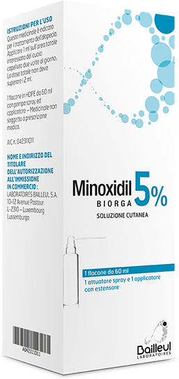 LABORATOIRES BAILLEUL S.A. MINOXIDIL BIORGA (LABORATOIRES BAILLEUL)*soluz cutanea 60 ml5% 1 LABORATOIRES BAILLEUL S.A. MINOXIDIL BIORGA (LABORATOIRES BAILLEUL)*soluz cutanea 60 ml5%