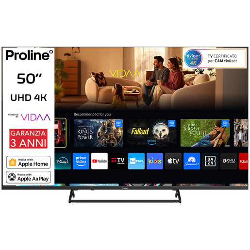Proline PRO50KM10VDA SMART TV 50” UHD 4K, Sistema operativo VIDAA, Triplo tuner DVBT2/C/S2, Certificato TivuSAT, Piedistallo centrale in metallo, Dolby
