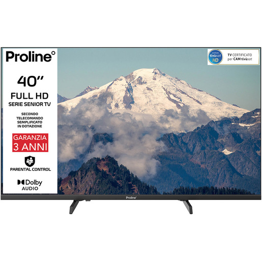 Proline PRO40SEN TV Serie Senior, 40” FULL HD, Triplo tuner DVBT2/C/S2, Certificato TivuSAT, Piedini installabili in doppia posizione stretta/larga, Dol