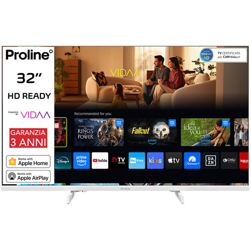 Proline PRO32WVDA SMART TV Bianco 32” HD, Sistema operativo VIDAA, Triplo tuner DVBT2/C/S2, Certificato TivuSAT, Piedini installabili in doppia posizion