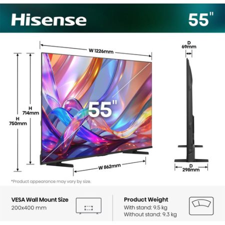 Hisense Smart TV QLED 55'' 4K TV 55Q7S, 60Hz, Audio Dolby Atmos, VIDAA OS con 1000+ APP, Dolby Vision IQ, HDR 10+, Game Mode Plus, Bluetooth, Wifi, Alexa
