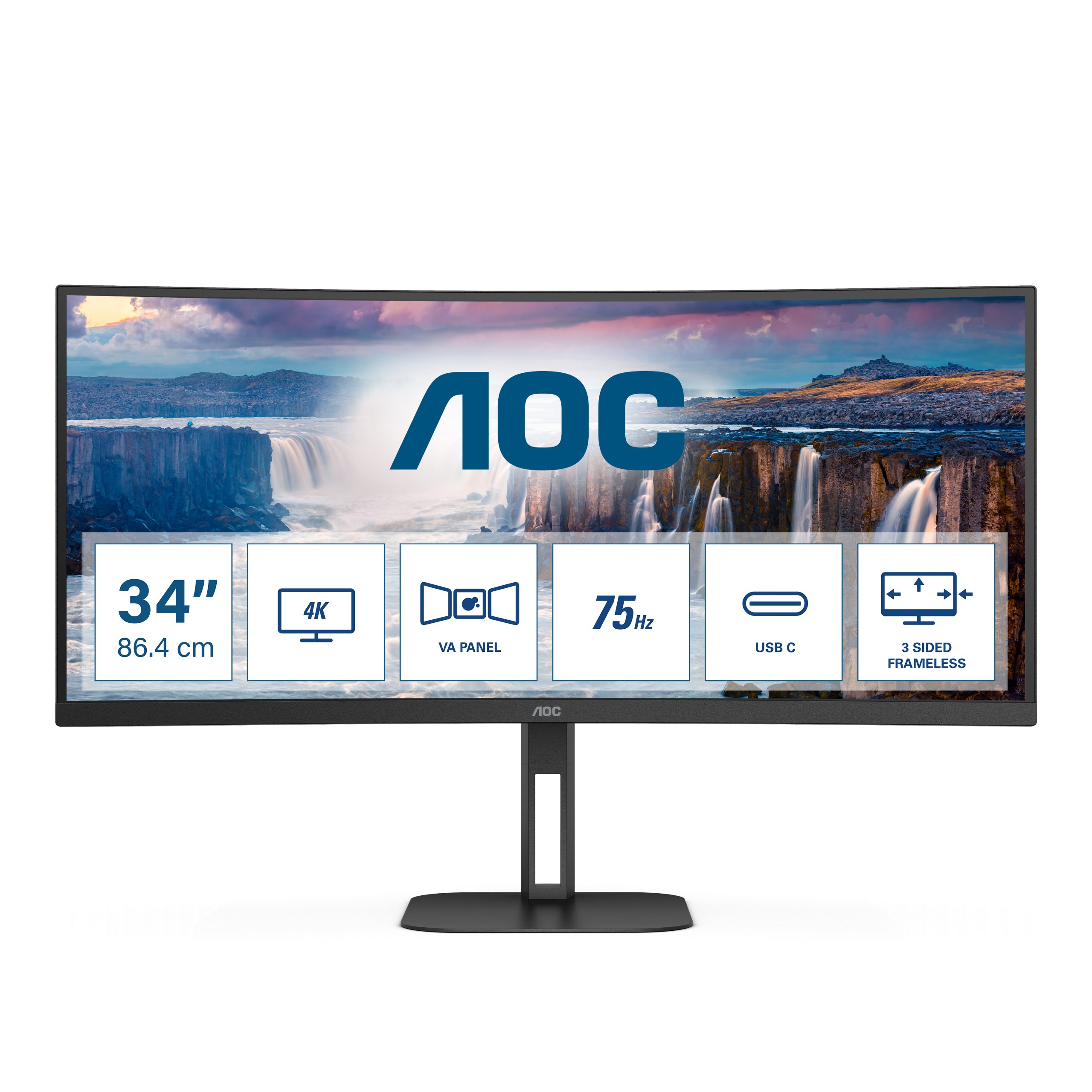 aoc-cu34v5c-bk-monitor-pc-34-wqhd-3440x1440-led-va-curvo-1 AOC CU34V5C-BK Monitor PC 34'' WQHD 3440x1440 LED VA Curvo 100Hz FreeSync USB-C 65W Altoparlanti 10W Regolabile Altezza VESA colore Nero
