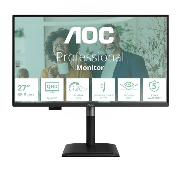 AOC monitor 27 pollici QHD Q27P4C IPS 120Hz USB-C Power Delivery 96W docking integrato Anti-Luce Blu nero