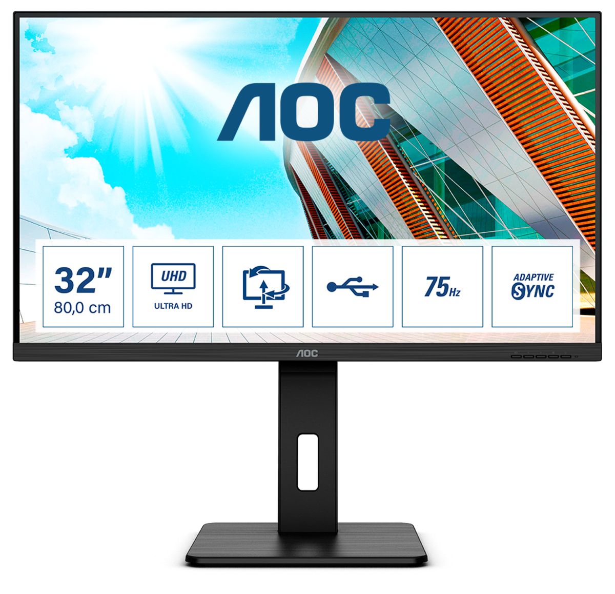 AOC U32P2 Monitor PC 31.5'' 4K Ultra HD VA LED 3840x2160 60 Hz Hub USB 3.2 HDMI 2.0 DisplayPort regolabile colore Nero
