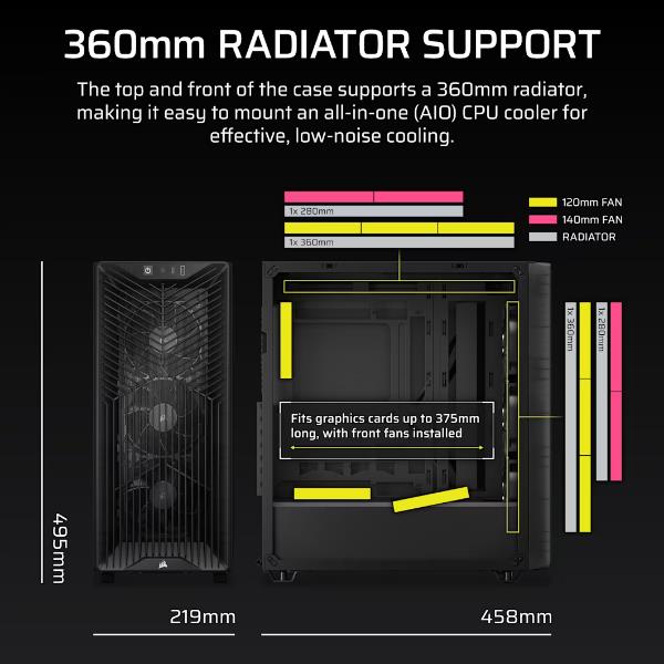 Corsair case PC mid tower 3200D RS, 3 ventole RS120 incluse, supporto radiatore 360mm, connessione inversa, vetro temperato, fumo