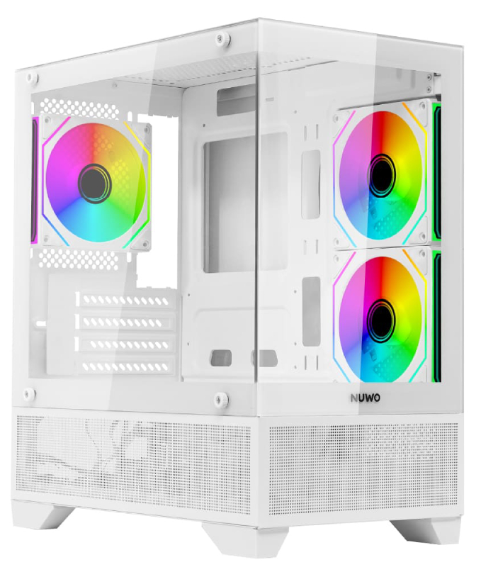 Nuwo Flow FH100 case pc gaming mini tower micro-ATX, 3 ventole ARGB 120mm, doppio vetro temperato panoramico, bianco