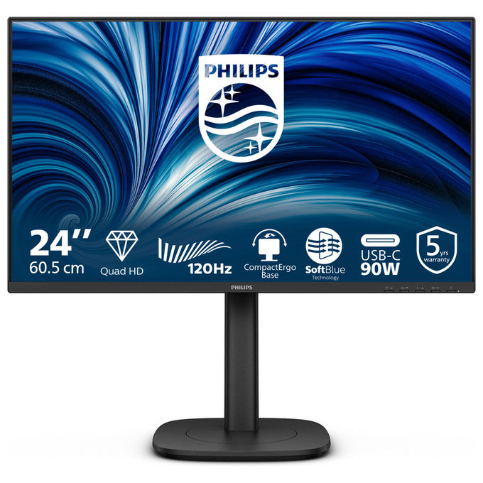 Philips monitor 23,8 pollici IPS QHD 2560x1440, 120Hz, docking USB-C 90W, HDMI 2.1, DisplayPort, RJ45, flicker-free, regolazione altezza, pivot, 24B2U