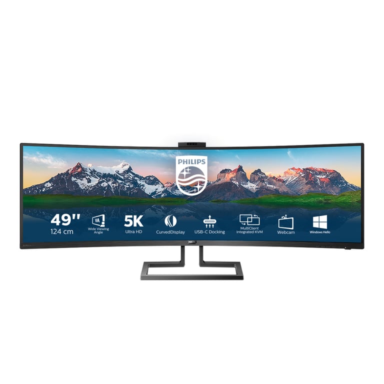 Philips Monitor Curvo 49 LED Va Superwide 32:9 5120x1440 5MS 450cdm, Hdmi/DP/USB, Webcam, Docking Station Usb-C, Multimediale 499p9h