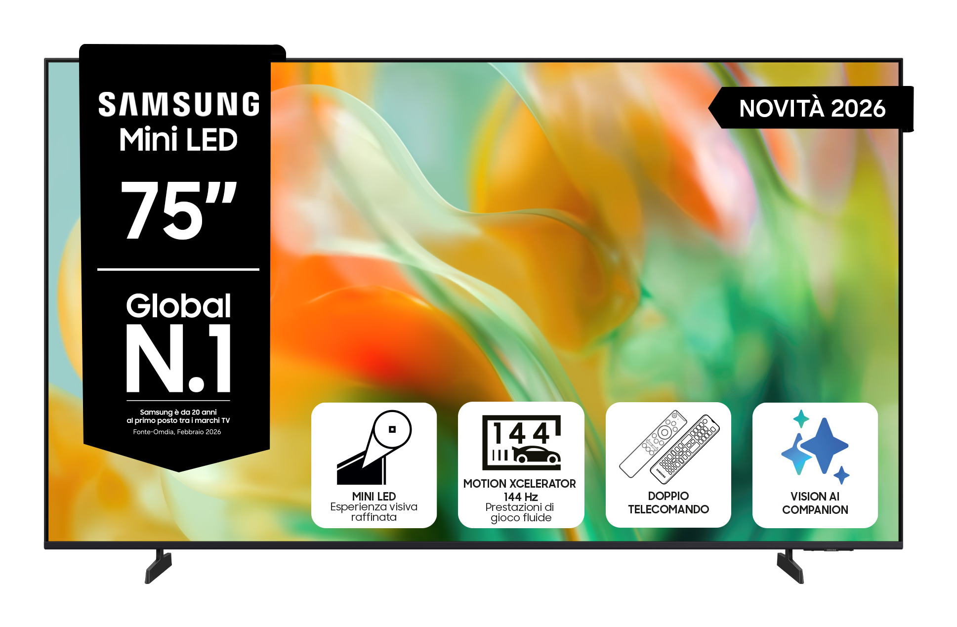 SAMSUNG Mini LED AI TV 75″ UE75M80HAUXZT 4K, Processore NQ4 Gen2, 4K Upscaling, Color Booster Pro, OTS Lite, Metal Stream Design, Vision Smart TV, 202 - 1