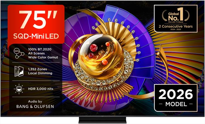 TCL TV TCL 75C7L, Smart 75'', SQD‑Mini LED, 4K HDR, 3000 nit, 1.352 zone di dimming, Google TV, 144Hz, Dolby Vision & Atmos, Audio Bang Olufsen