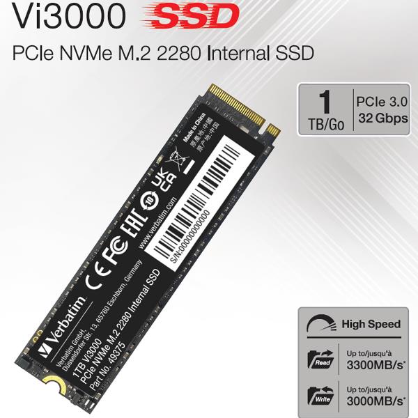 Verbatim 49375 Vi3000 SSD Interno M.2 2280 PCIe Gen3x4 NVMe 1TB 3300 MB-s Lettura 3000 MB-s Scrittura