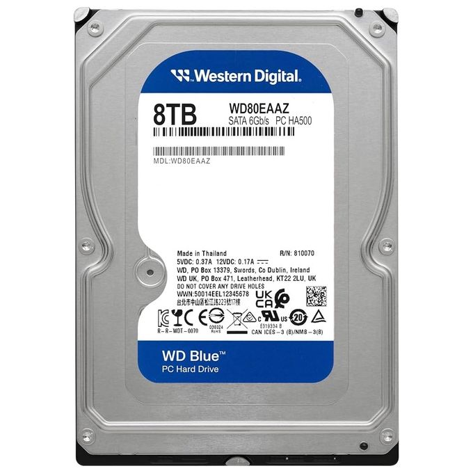 Western Digital WD80EAAZ Blue HDD Interno 8TB 3.5” SATA 6Gb-s 5640 rpm 256MB Cache colore Nero